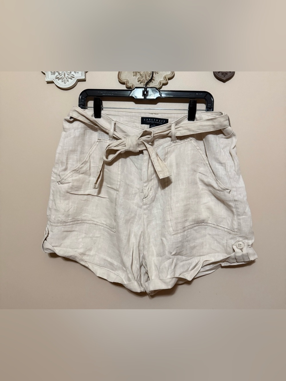 Sanctuary Cream Tie-Belt Paperbag Shorts Sz 32